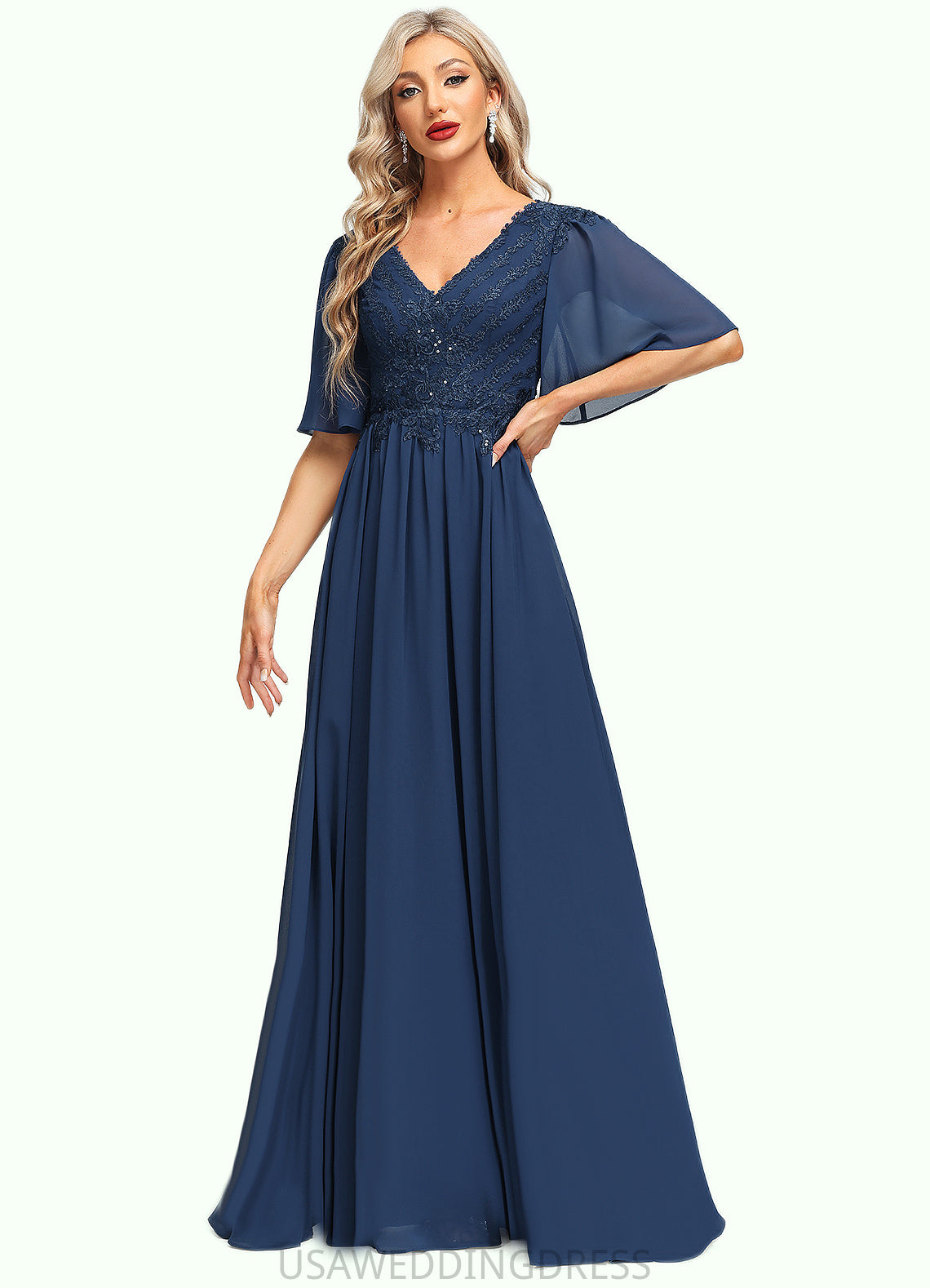 Pat A-line V-Neck Floor-Length Chiffon Lace Mother of the Bride Dress With Sequins DS126P0021888