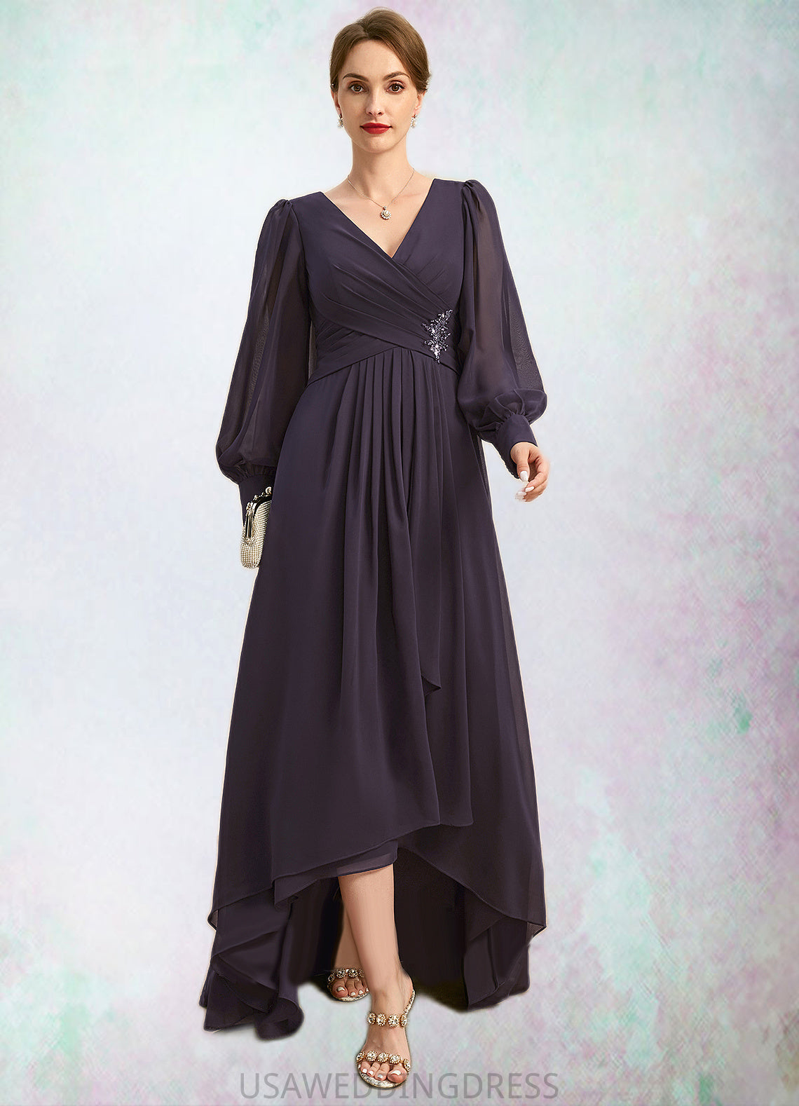 Justice A-line V-Neck Asymmetrical Chiffon Mother of the Bride Dress With Beading Cascading Ruffles Sequins DS126P0021893