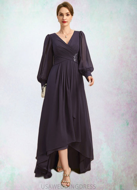 Justice A-line V-Neck Asymmetrical Chiffon Mother of the Bride Dress With Beading Cascading Ruffles Sequins DS126P0021893