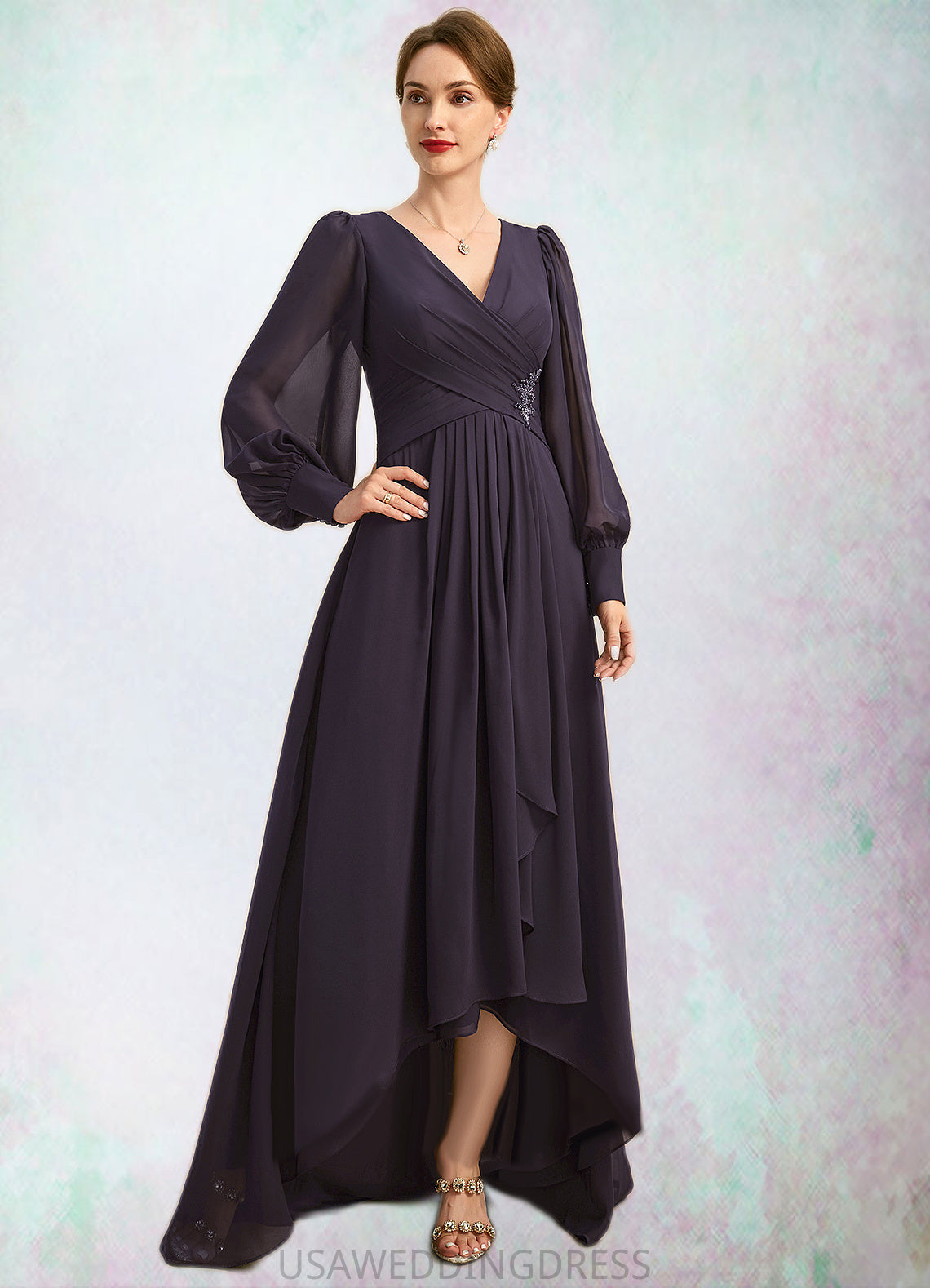 Justice A-line V-Neck Asymmetrical Chiffon Mother of the Bride Dress With Beading Cascading Ruffles Sequins DS126P0021893