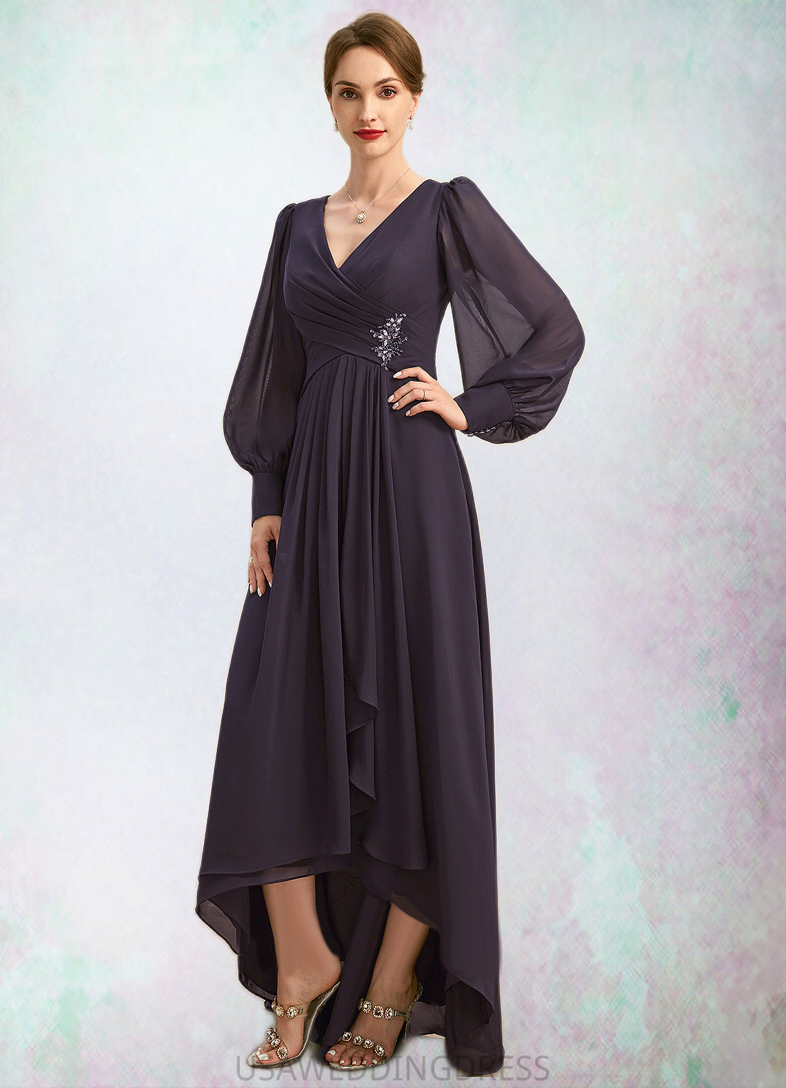 Justice A-line V-Neck Asymmetrical Chiffon Mother of the Bride Dress With Beading Cascading Ruffles Sequins DS126P0021893