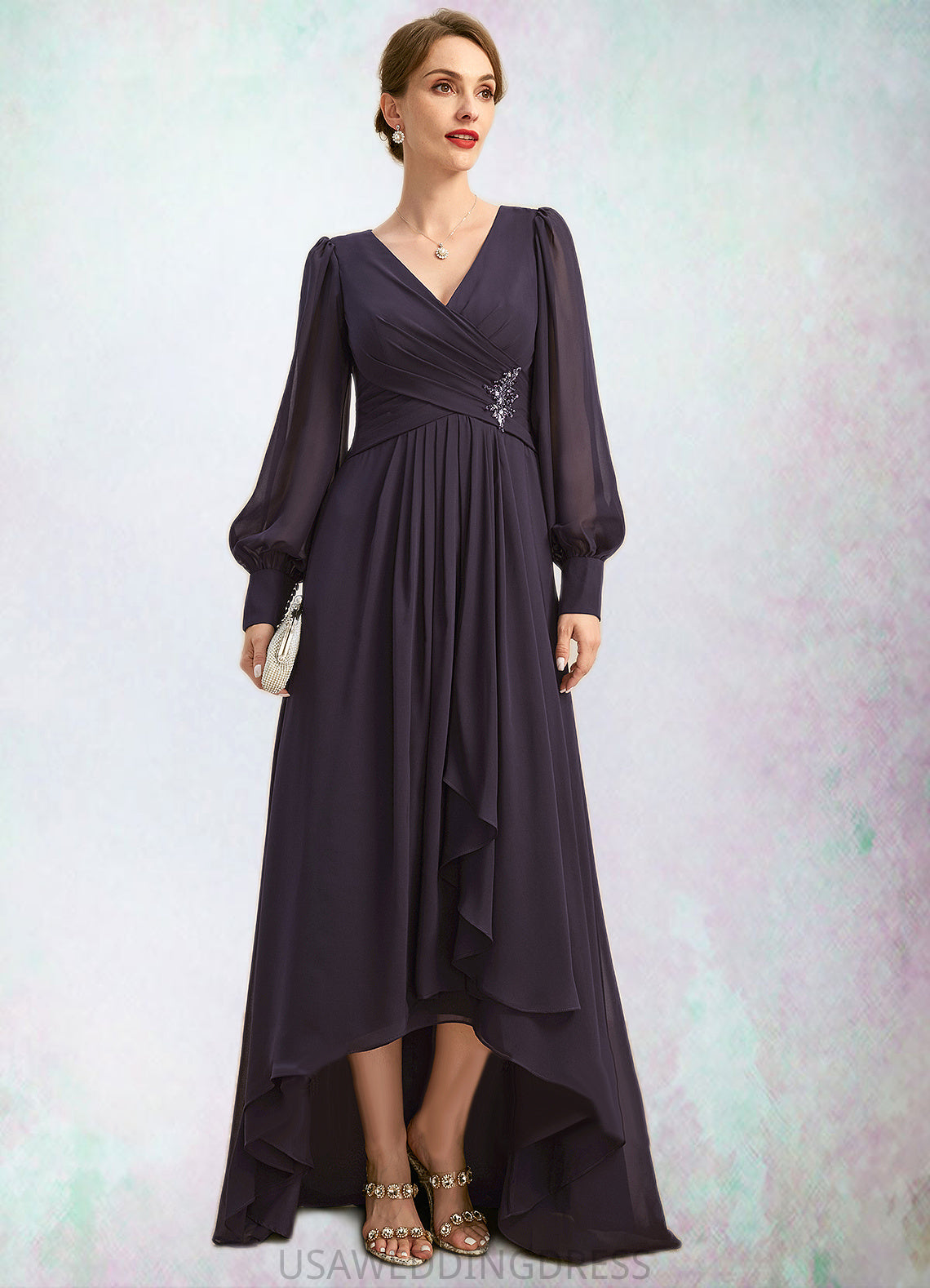 Justice A-line V-Neck Asymmetrical Chiffon Mother of the Bride Dress With Beading Cascading Ruffles Sequins DS126P0021893