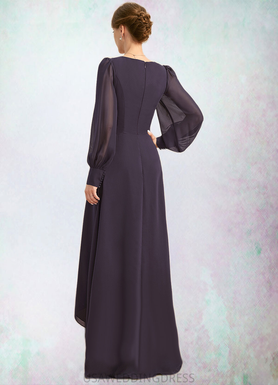 Justice A-line V-Neck Asymmetrical Chiffon Mother of the Bride Dress With Beading Cascading Ruffles Sequins DS126P0021893