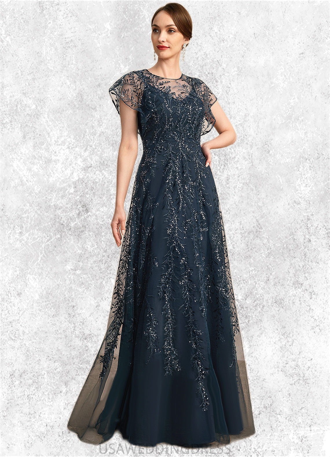 Raegan A-line Scoop Illusion Floor-Length Lace Tulle Mother of the Bride Dress With Sequins DS126P0021896
