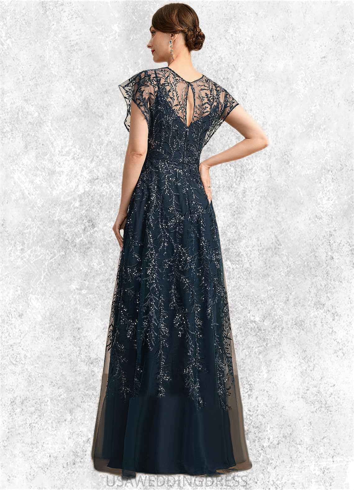 Raegan A-line Scoop Illusion Floor-Length Lace Tulle Mother of the Bride Dress With Sequins DS126P0021896