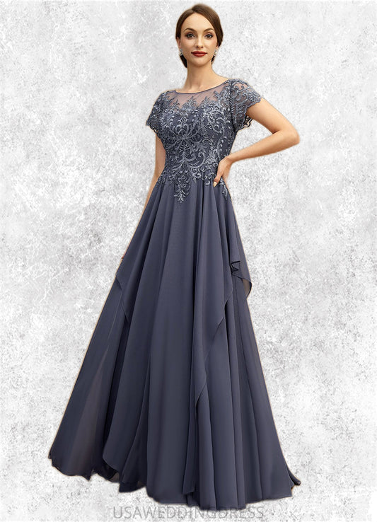 Savannah A-line Scoop Illusion Floor-Length Chiffon Lace Mother of the Bride Dress With Cascading Ruffles Sequins DS126P0021897