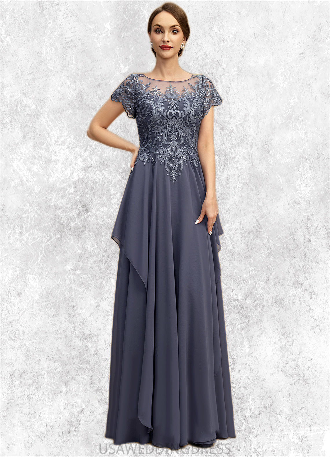 Savannah A-line Scoop Illusion Floor-Length Chiffon Lace Mother of the Bride Dress With Cascading Ruffles Sequins DS126P0021897