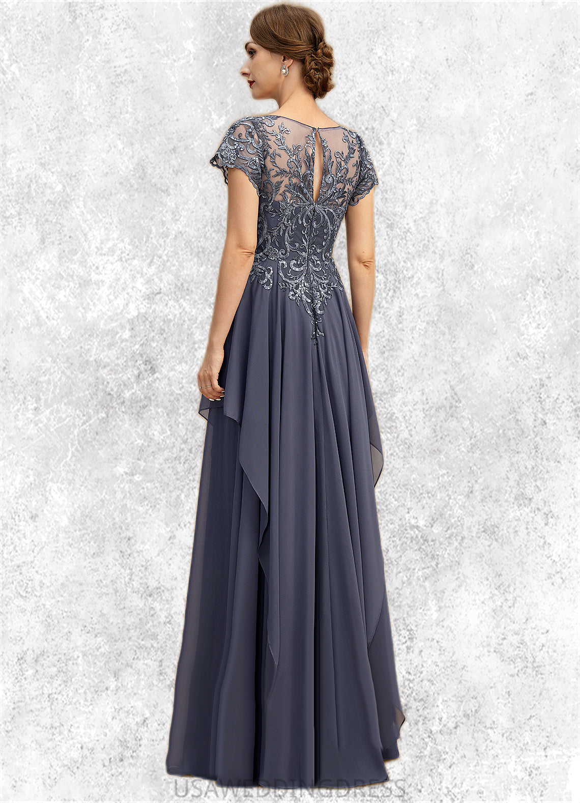 Savannah A-line Scoop Illusion Floor-Length Chiffon Lace Mother of the Bride Dress With Cascading Ruffles Sequins DS126P0021897