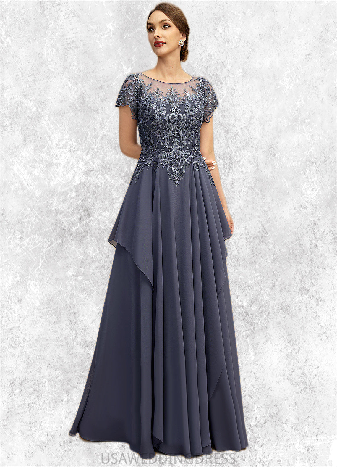 Savannah A-line Scoop Illusion Floor-Length Chiffon Lace Mother of the Bride Dress With Cascading Ruffles Sequins DS126P0021897