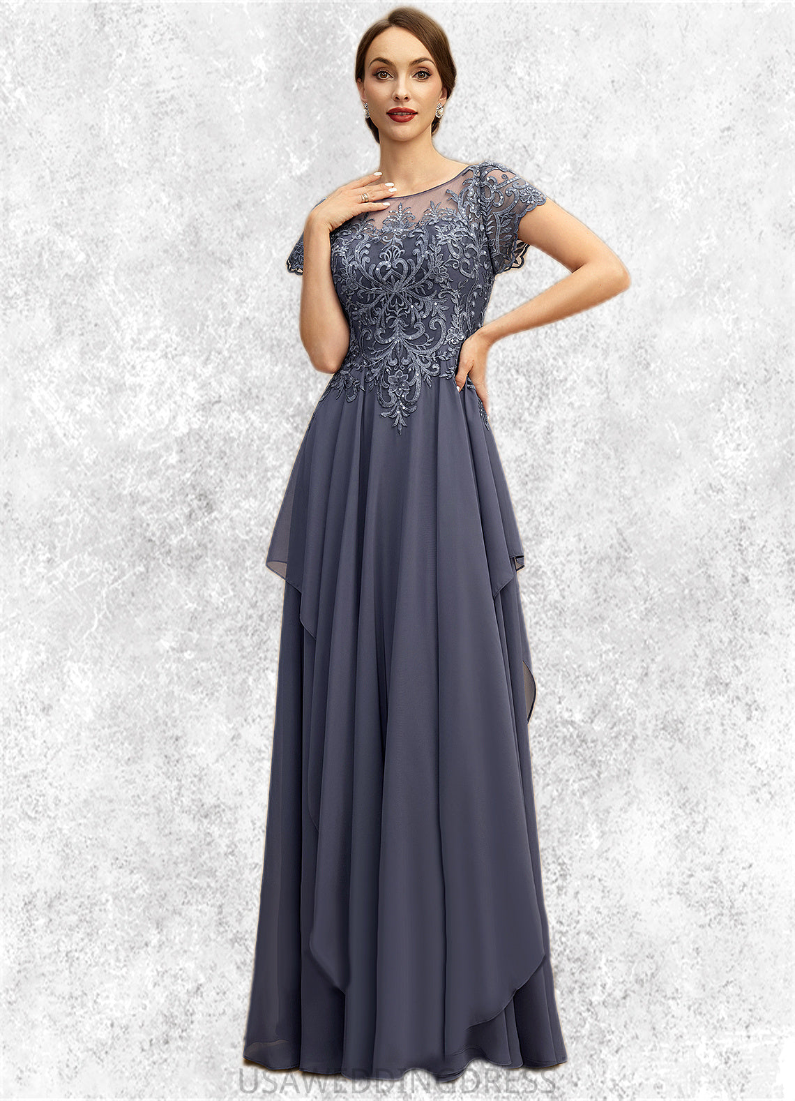 Savannah A-line Scoop Illusion Floor-Length Chiffon Lace Mother of the Bride Dress With Cascading Ruffles Sequins DS126P0021897