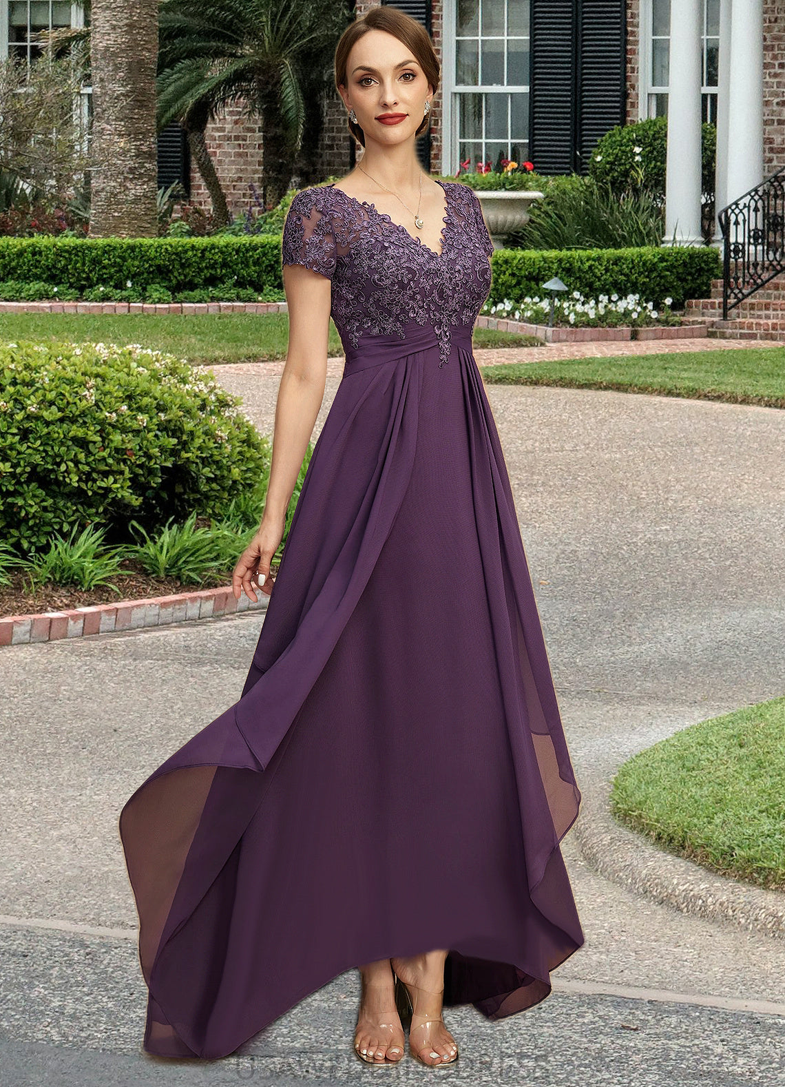 Amy A-line V-Neck Asymmetrical Chiffon Lace Mother of the Bride Dress With Cascading Ruffles DS126P0021899