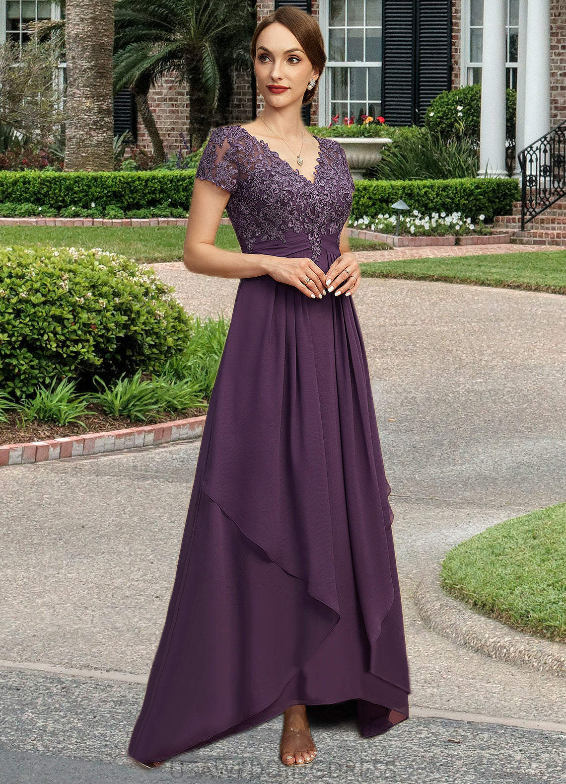 Amy A-line V-Neck Asymmetrical Chiffon Lace Mother of the Bride Dress With Cascading Ruffles DS126P0021899