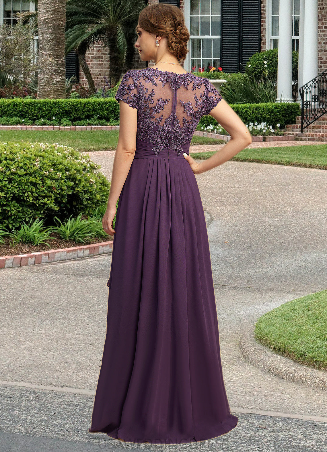 Amy A-line V-Neck Asymmetrical Chiffon Lace Mother of the Bride Dress With Cascading Ruffles DS126P0021899