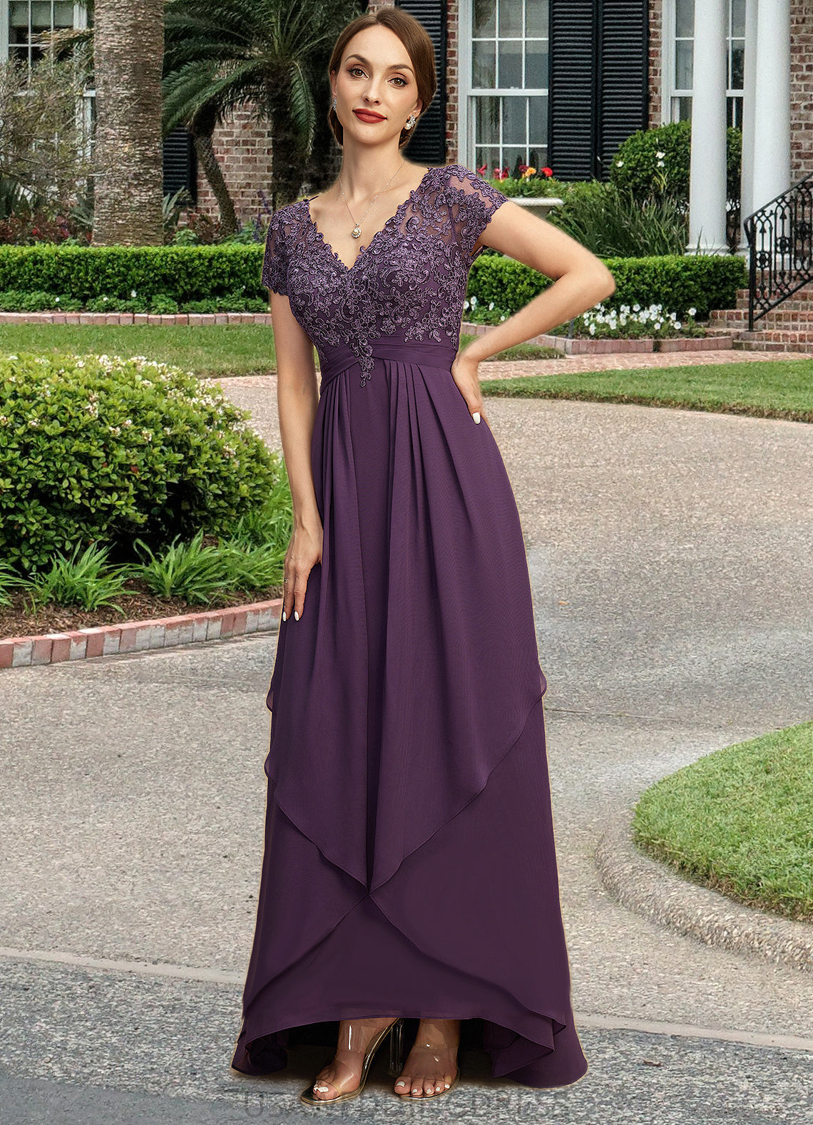 Amy A-line V-Neck Asymmetrical Chiffon Lace Mother of the Bride Dress With Cascading Ruffles DS126P0021899