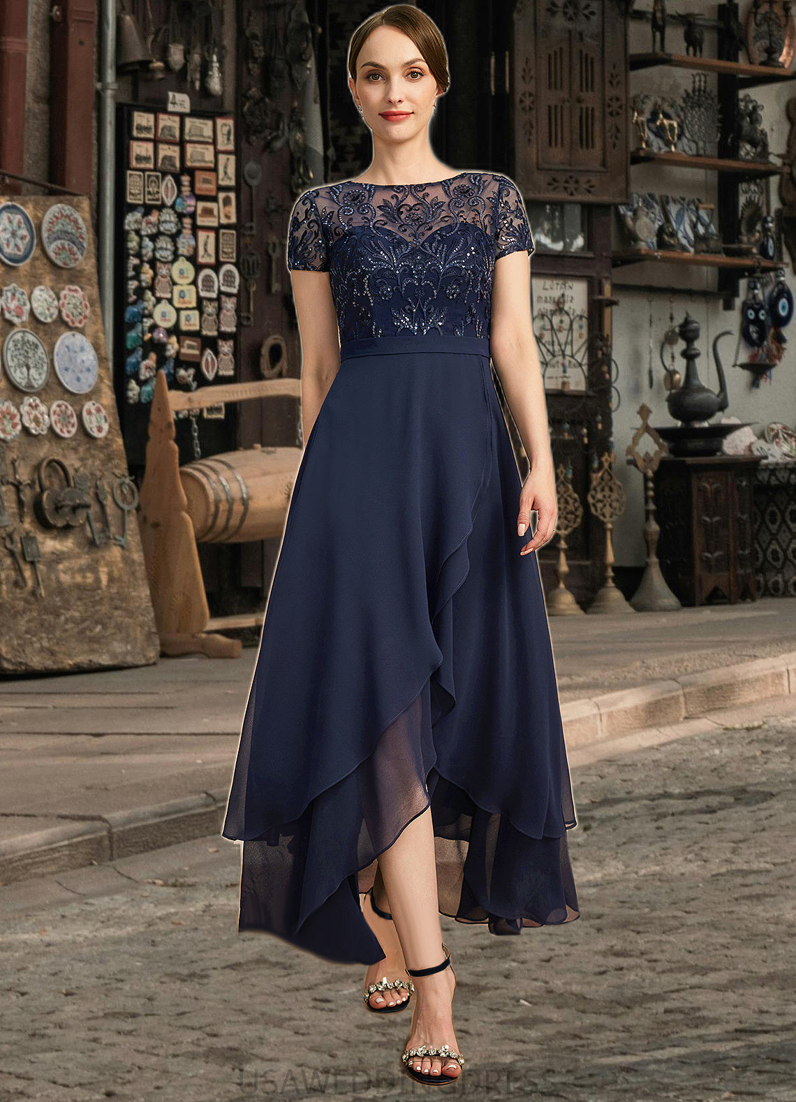 Abbie A-line Scoop Illusion Asymmetrical Chiffon Lace Mother of the Bride Dress With Sequins DS126P0021902