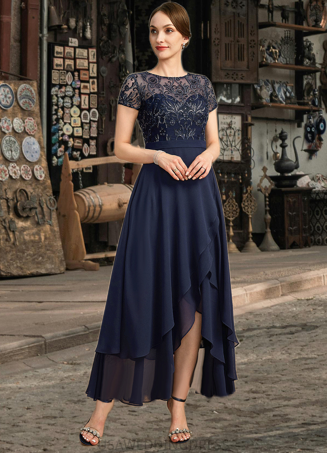 Abbie A-line Scoop Illusion Asymmetrical Chiffon Lace Mother of the Bride Dress With Sequins DS126P0021902