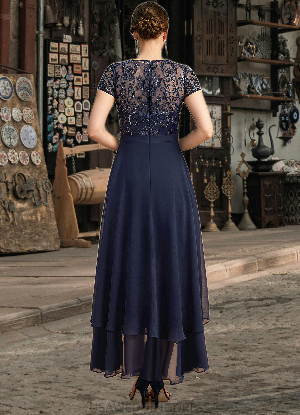 Abbie A-line Scoop Illusion Asymmetrical Chiffon Lace Mother of the Bride Dress With Sequins DS126P0021902