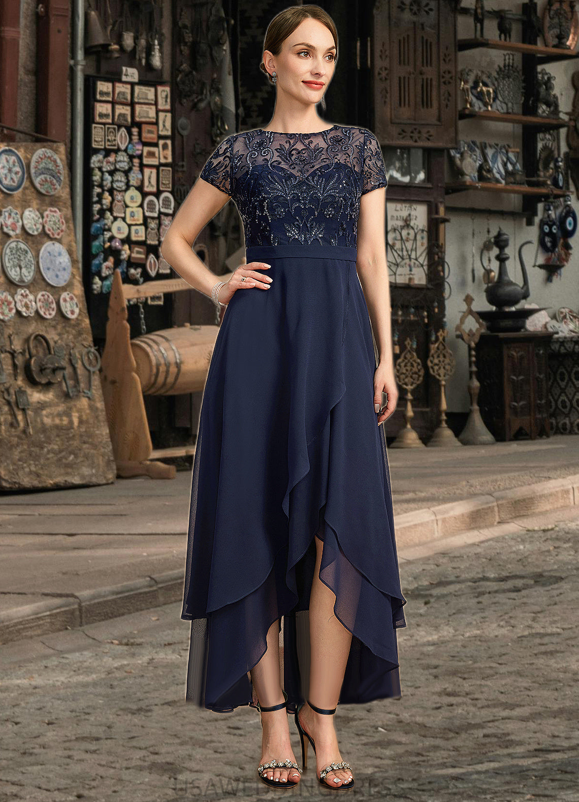 Abbie A-line Scoop Illusion Asymmetrical Chiffon Lace Mother of the Bride Dress With Sequins DS126P0021902
