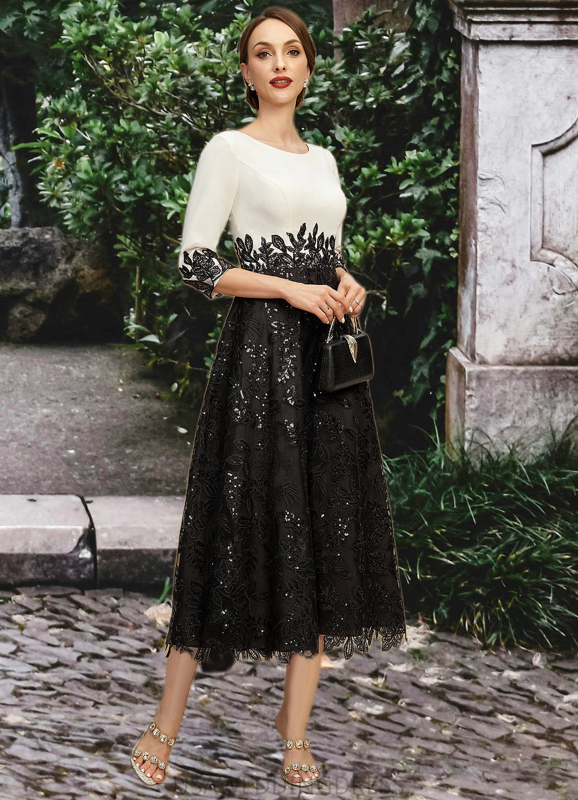 Ansley A-line Scoop Tea-Length Chiffon Lace Mother of the Bride Dress With Sequins DS126P0021903