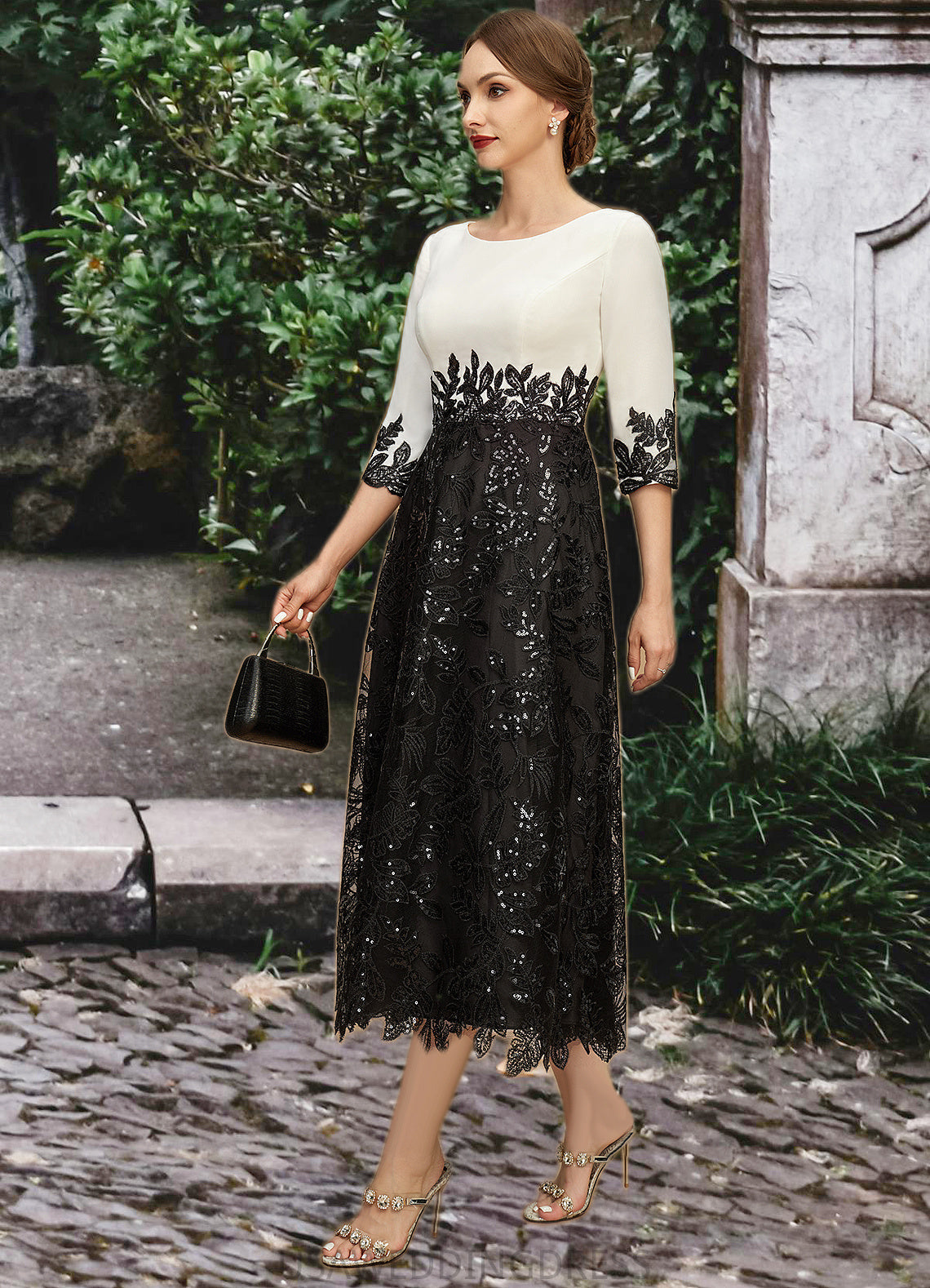 Ansley A-line Scoop Tea-Length Chiffon Lace Mother of the Bride Dress With Sequins DS126P0021903