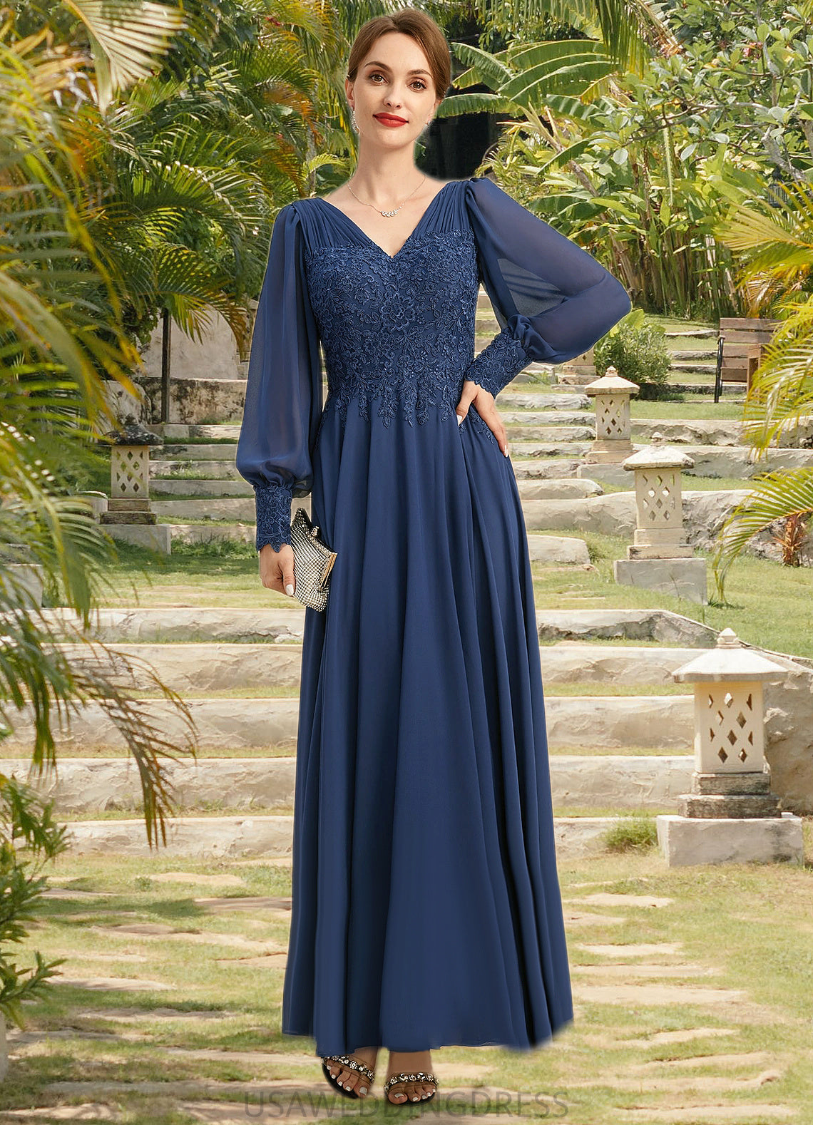 Corinne A-line V-Neck Ankle-Length Chiffon Lace Mother of the Bride Dress With Pleated DS126P0021908