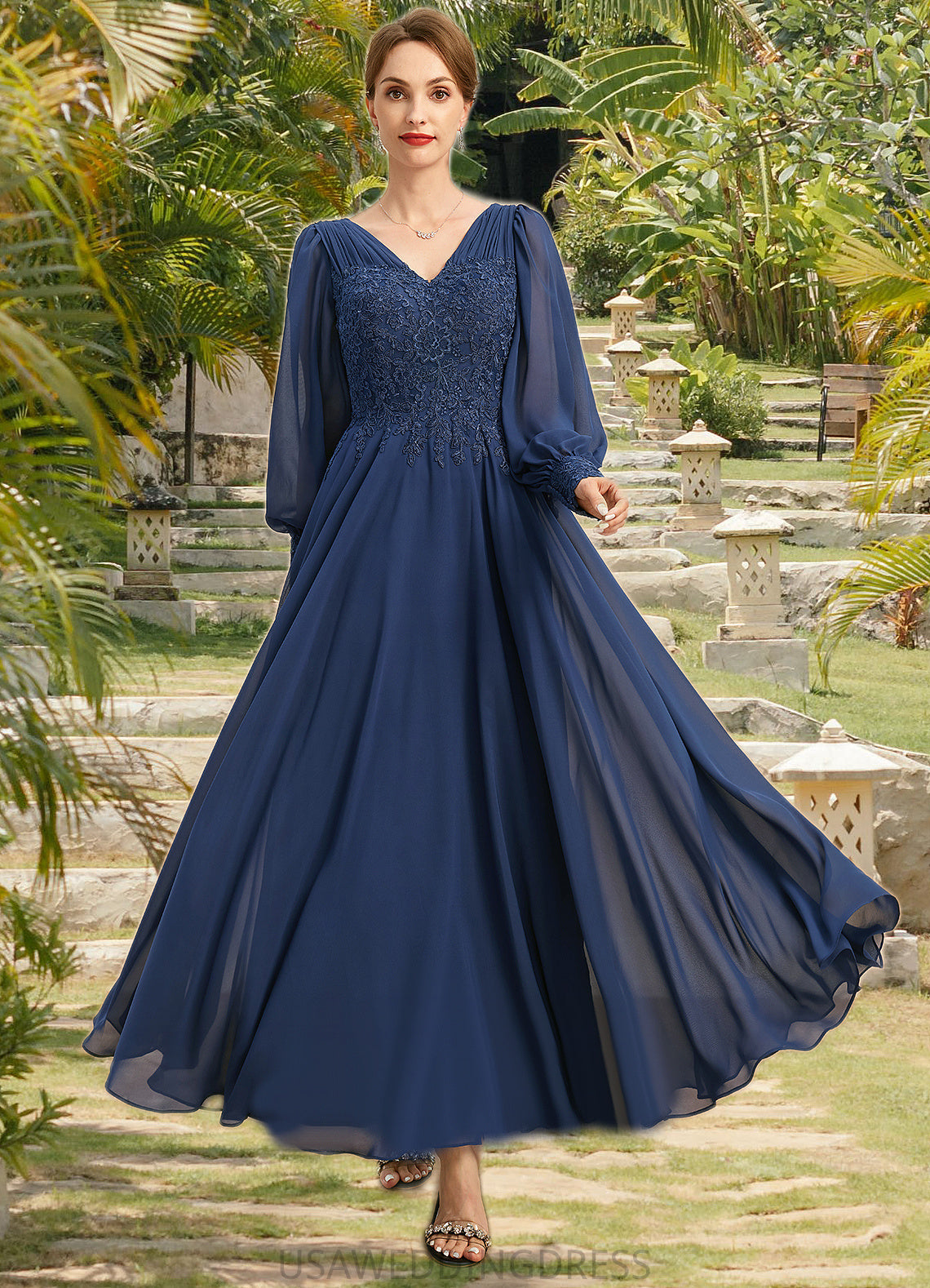 Corinne A-line V-Neck Ankle-Length Chiffon Lace Mother of the Bride Dress With Pleated DS126P0021908