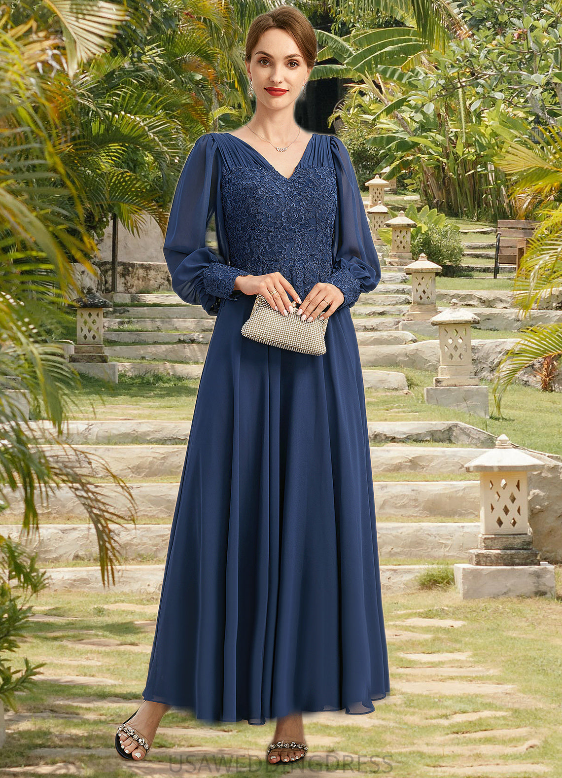 Corinne A-line V-Neck Ankle-Length Chiffon Lace Mother of the Bride Dress With Pleated DS126P0021908