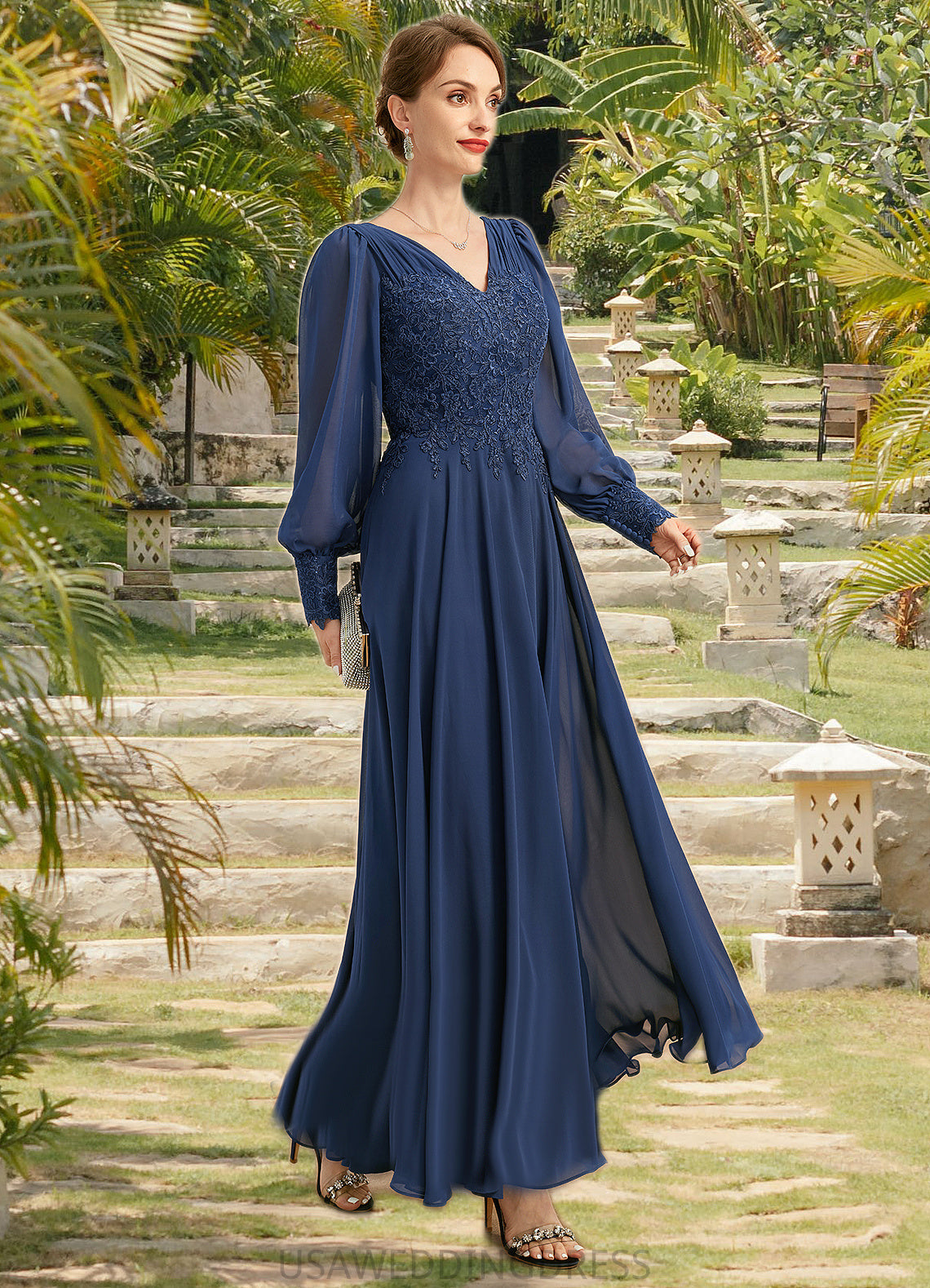 Corinne A-line V-Neck Ankle-Length Chiffon Lace Mother of the Bride Dress With Pleated DS126P0021908