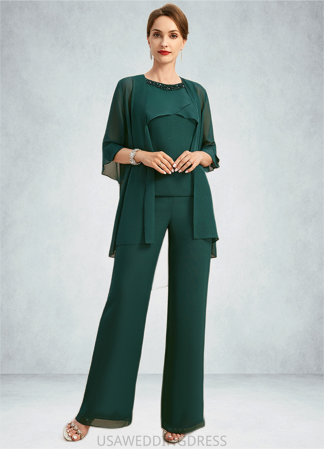 Carissa Jumpsuit/Pantsuit Separates Scoop Floor-Length Chiffon Mother of the Bride Dress With Beading Sequins DS126P0021913