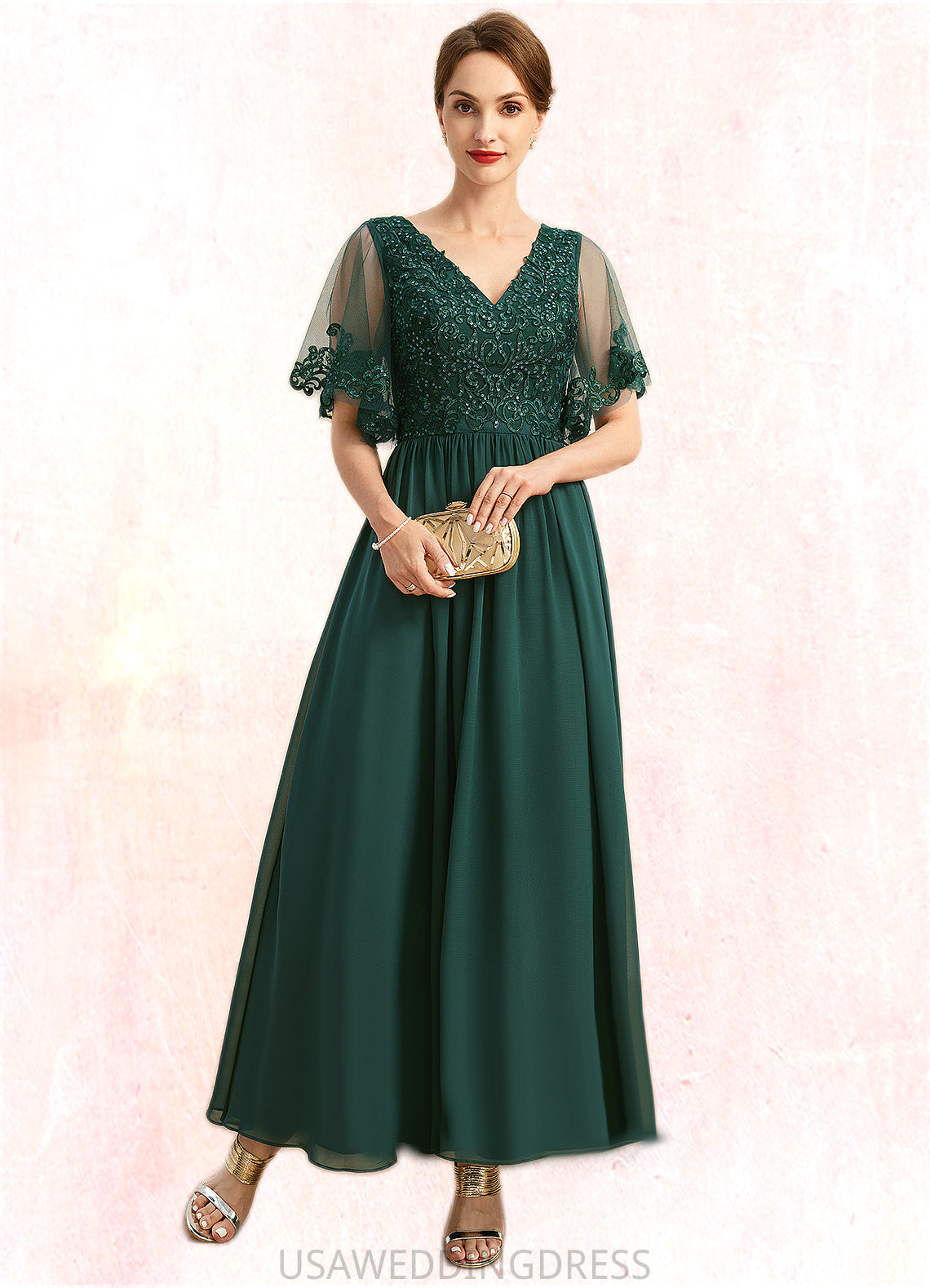 Eileen A-line V-Neck Ankle-Length Chiffon Lace Mother of the Bride Dress With Sequins DS126P0021914