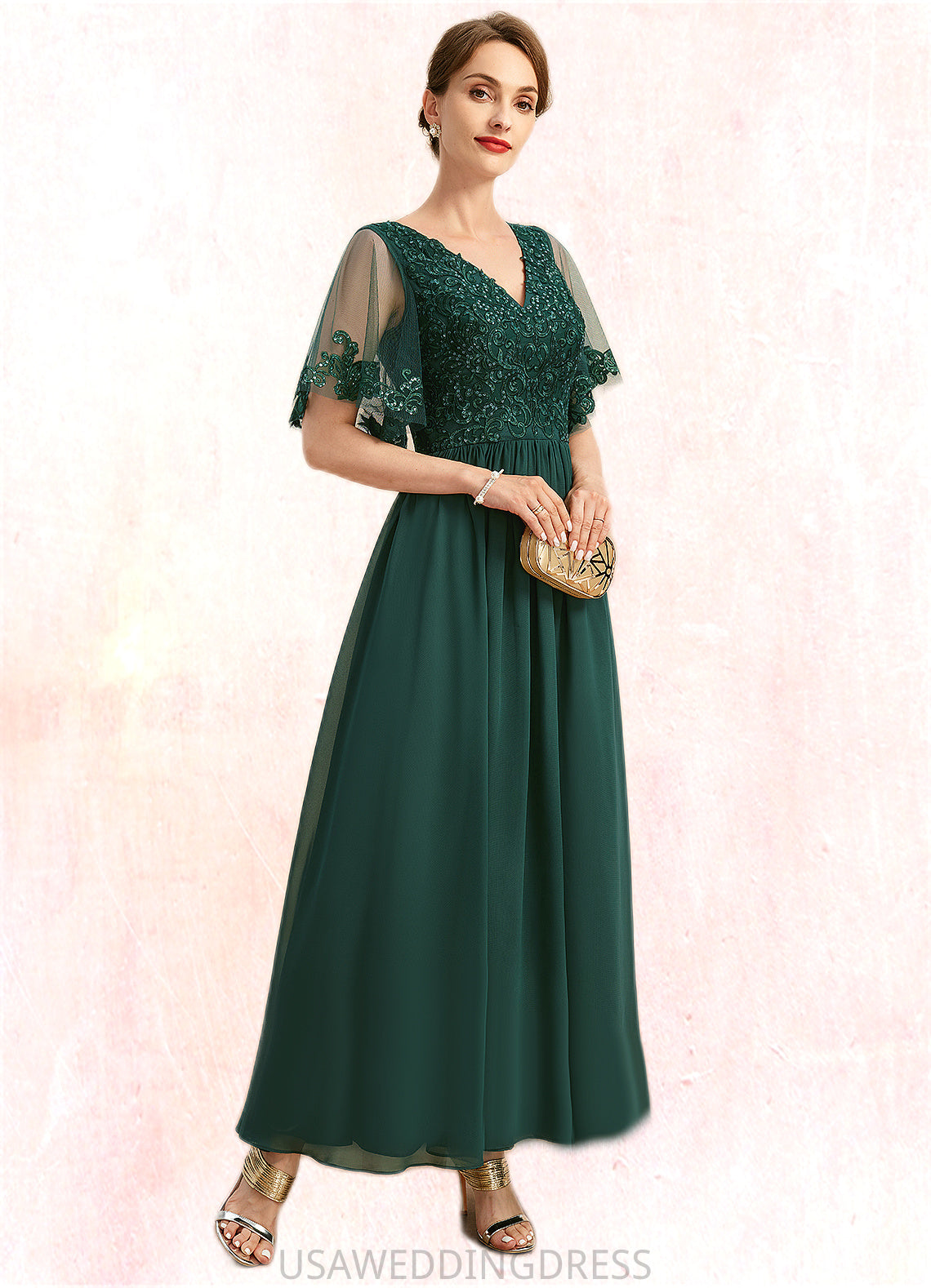 Eileen A-line V-Neck Ankle-Length Chiffon Lace Mother of the Bride Dress With Sequins DS126P0021914