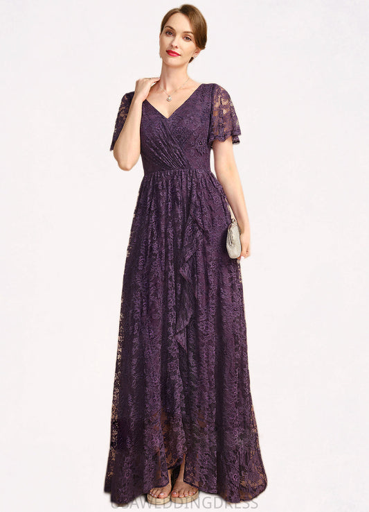 Julia A-line V-Neck Asymmetrical Lace Mother of the Bride Dress With Cascading Ruffles DS126P0021918