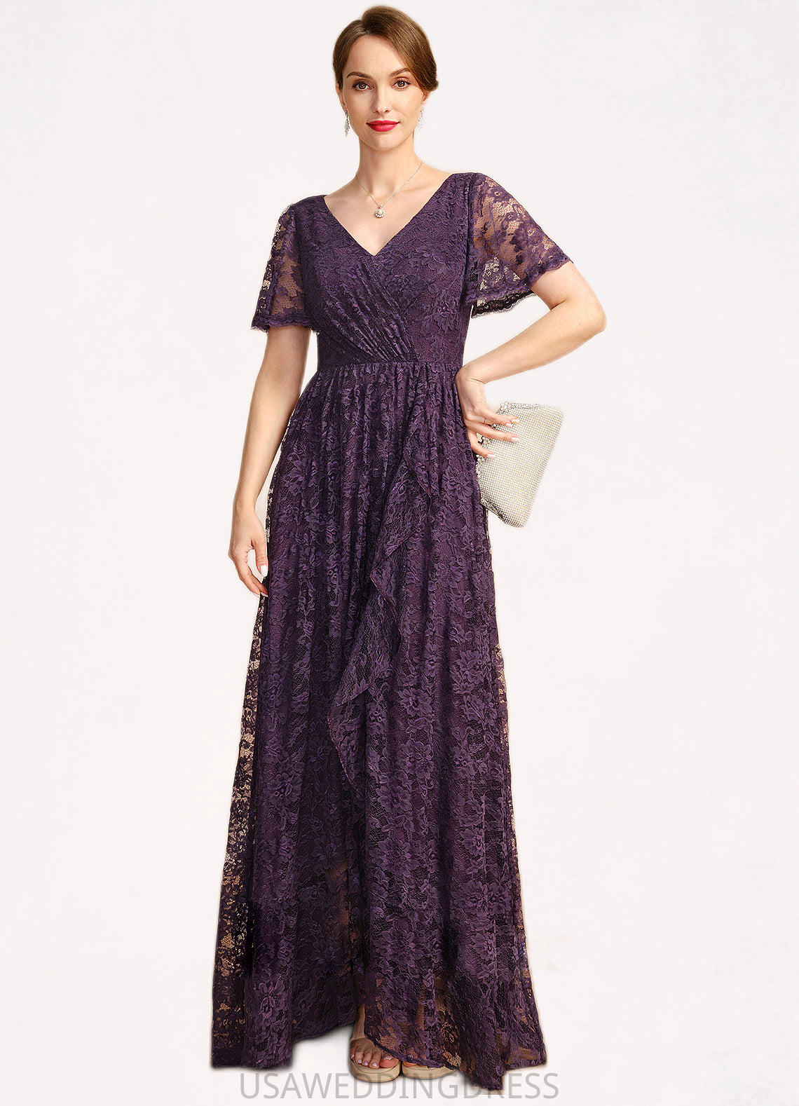 Julia A-line V-Neck Asymmetrical Lace Mother of the Bride Dress With Cascading Ruffles DS126P0021918