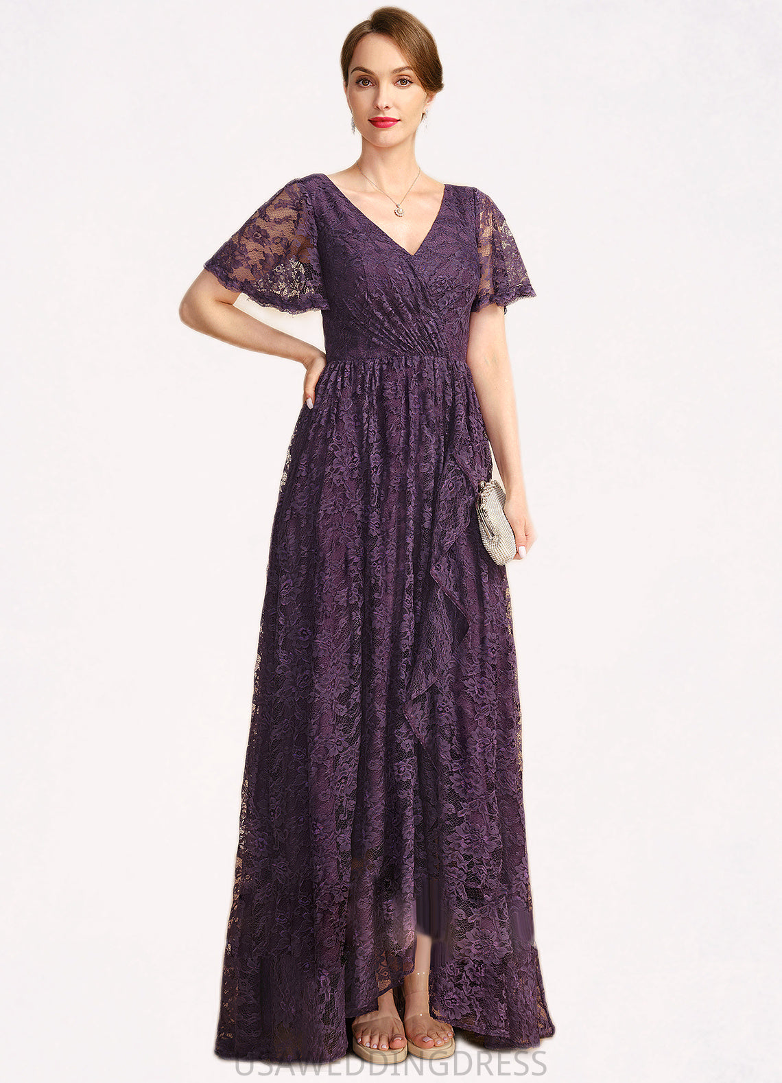 Julia A-line V-Neck Asymmetrical Lace Mother of the Bride Dress With Cascading Ruffles DS126P0021918