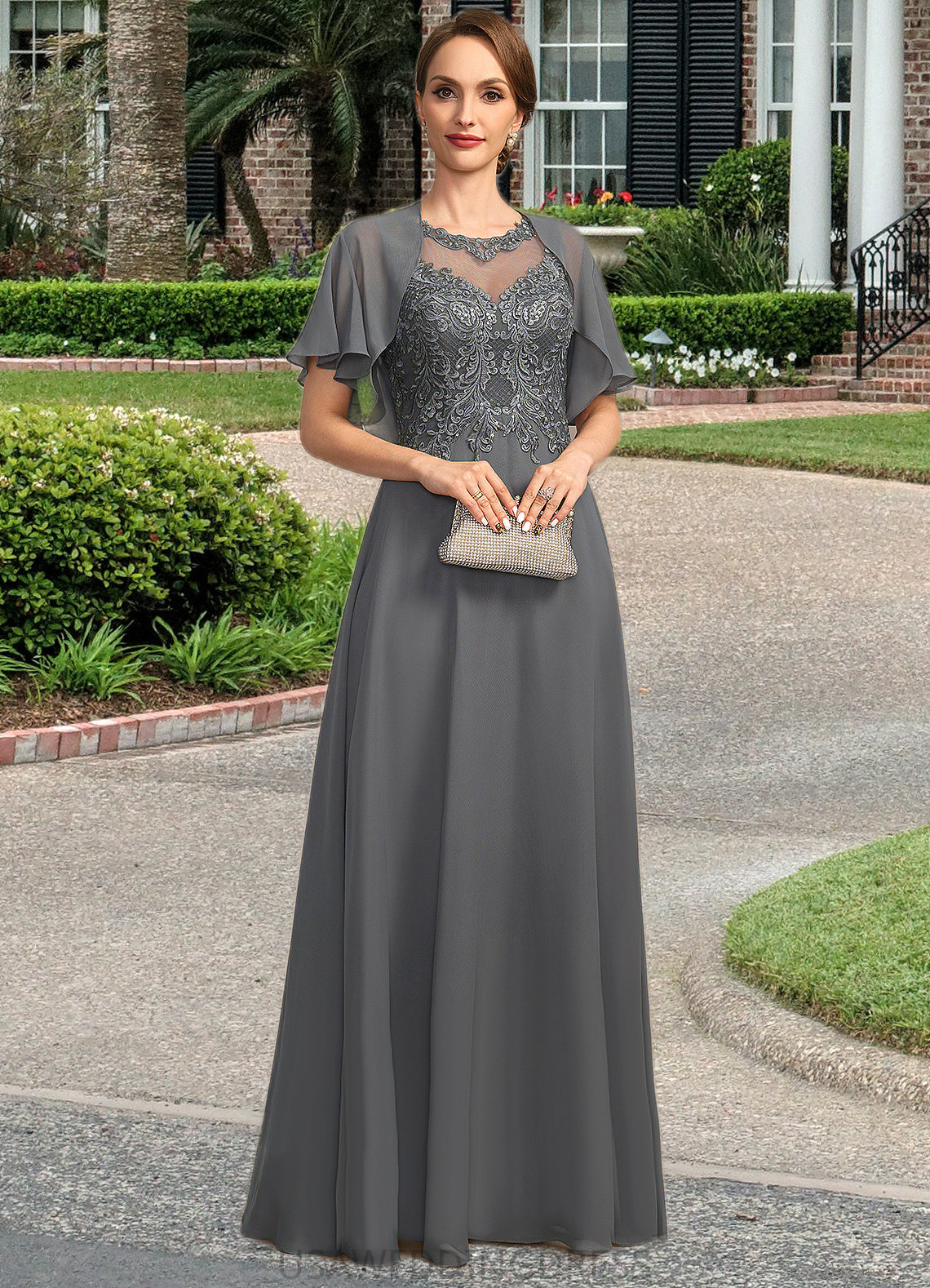 Joy A-line Scoop Illusion Floor-Length Chiffon Lace Mother of the Bride Dress With Sequins DS126P0021921