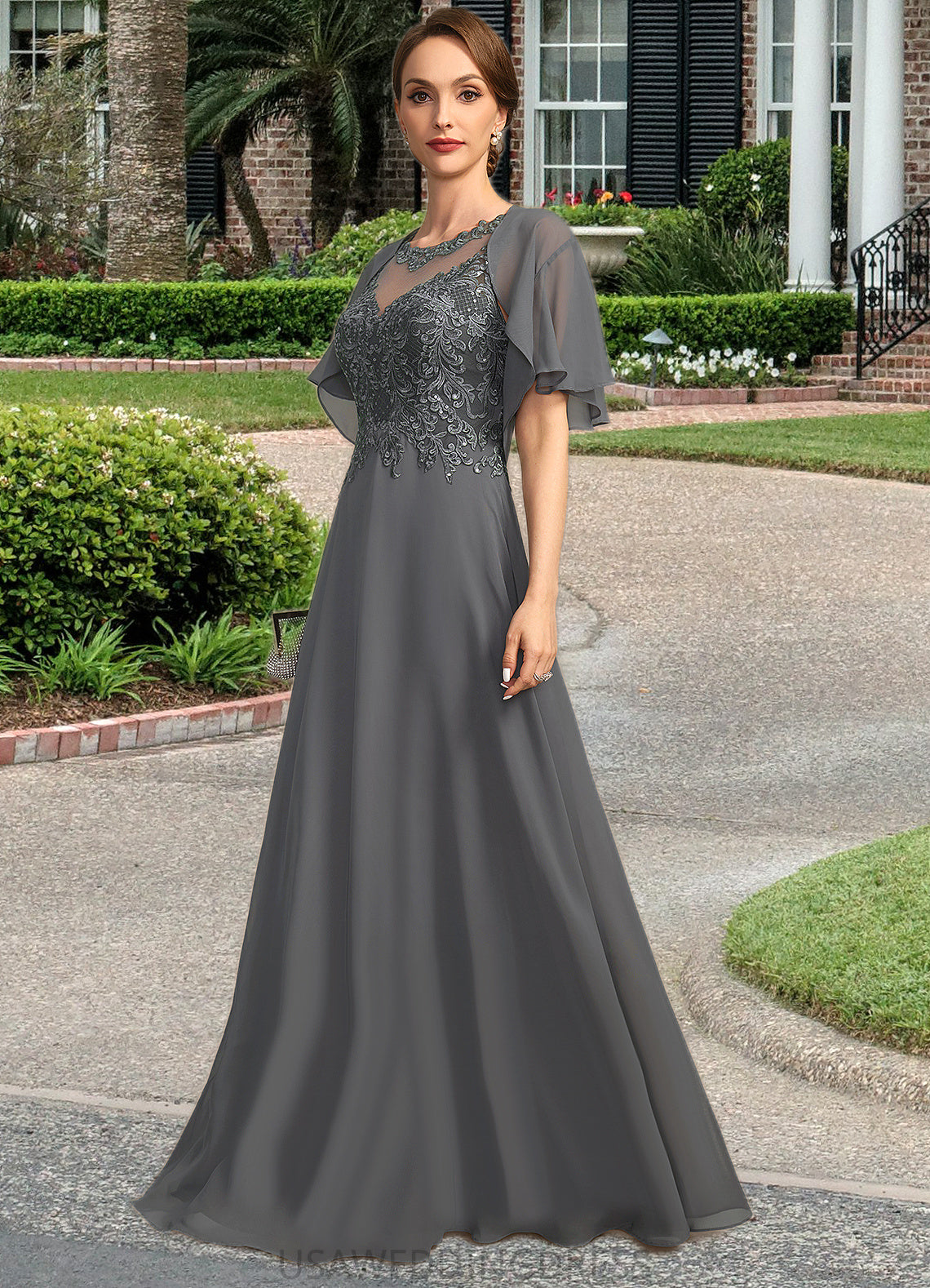 Joy A-line Scoop Illusion Floor-Length Chiffon Lace Mother of the Bride Dress With Sequins DS126P0021921