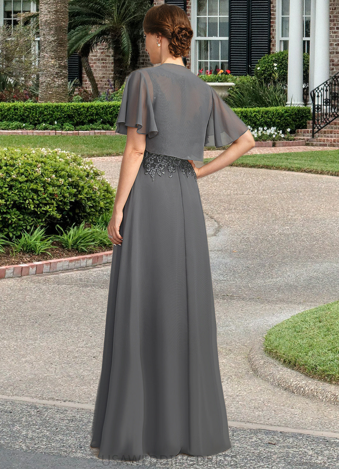 Joy A-line Scoop Illusion Floor-Length Chiffon Lace Mother of the Bride Dress With Sequins DS126P0021921