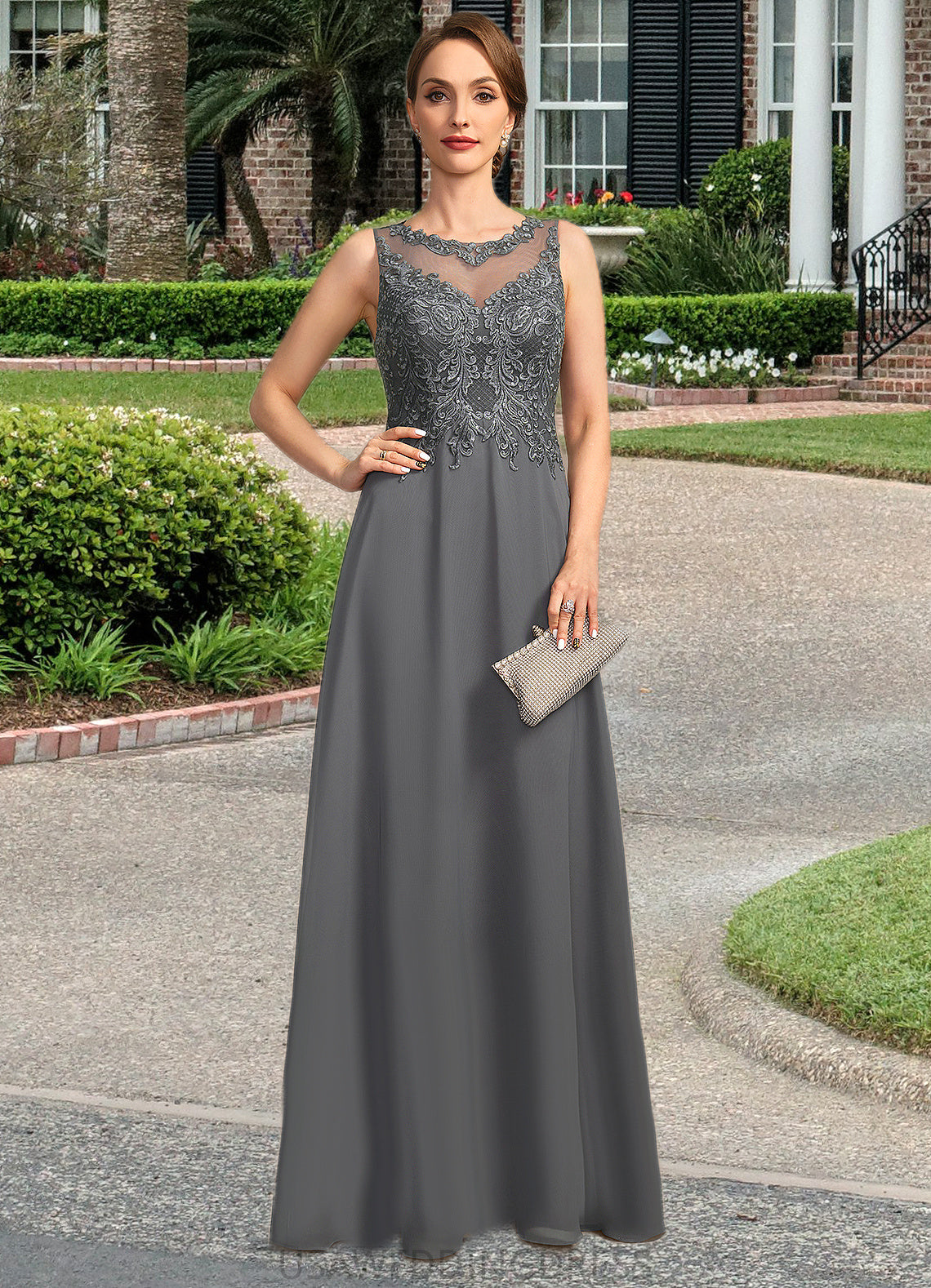 Joy A-line Scoop Illusion Floor-Length Chiffon Lace Mother of the Bride Dress With Sequins DS126P0021921