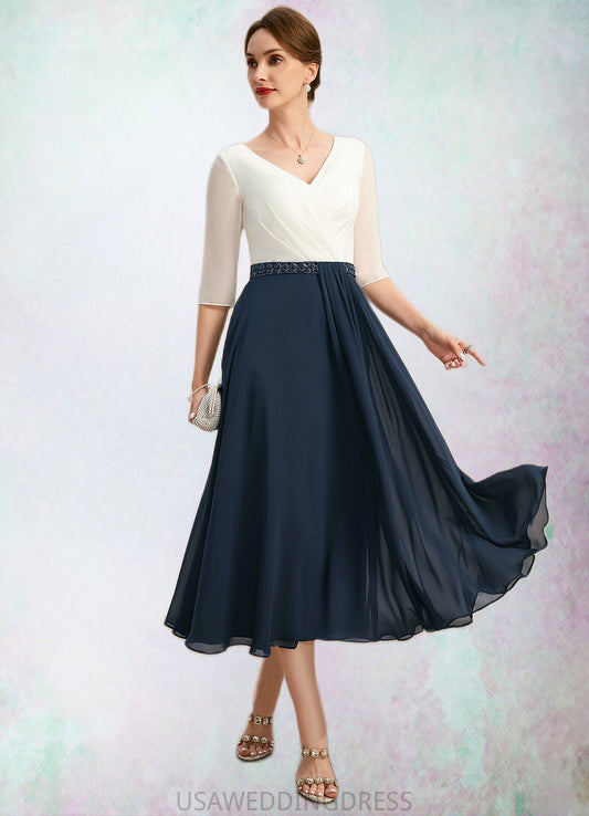 Anabella A-line V-Neck Tea-Length Chiffon Mother of the Bride Dress With Beading Pleated DS126P0021923