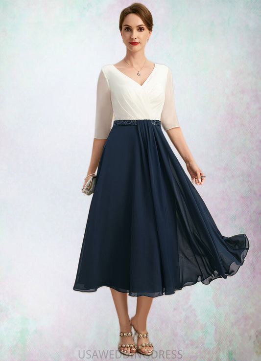 Anabella A-line V-Neck Tea-Length Chiffon Mother of the Bride Dress With Beading Pleated DS126P0021923