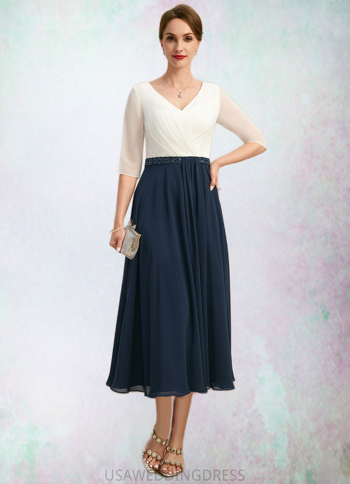 Anabella A-line V-Neck Tea-Length Chiffon Mother of the Bride Dress With Beading Pleated DS126P0021923