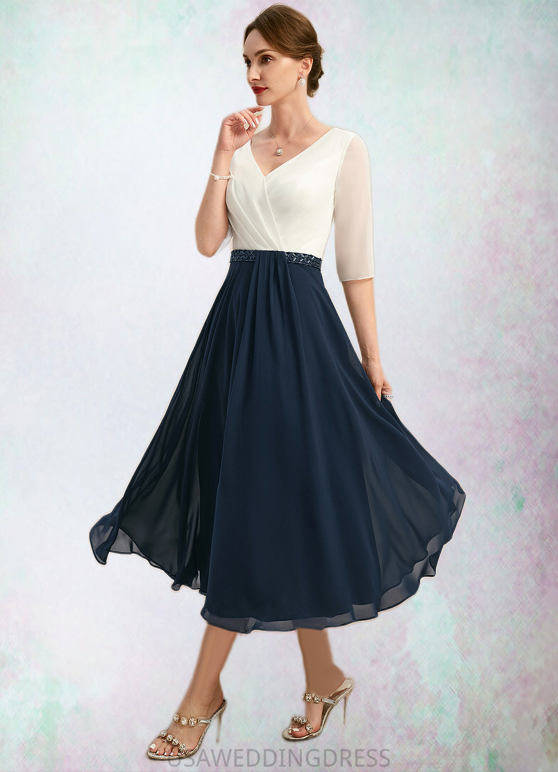 Anabella A-line V-Neck Tea-Length Chiffon Mother of the Bride Dress With Beading Pleated DS126P0021923