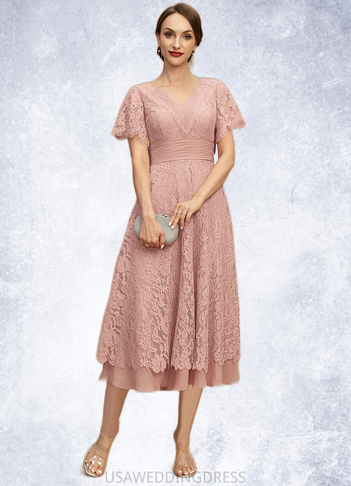 Hazel A-line V-Neck Tea-Length Chiffon Lace Mother of the Bride Dress With Pleated DS126P0021927