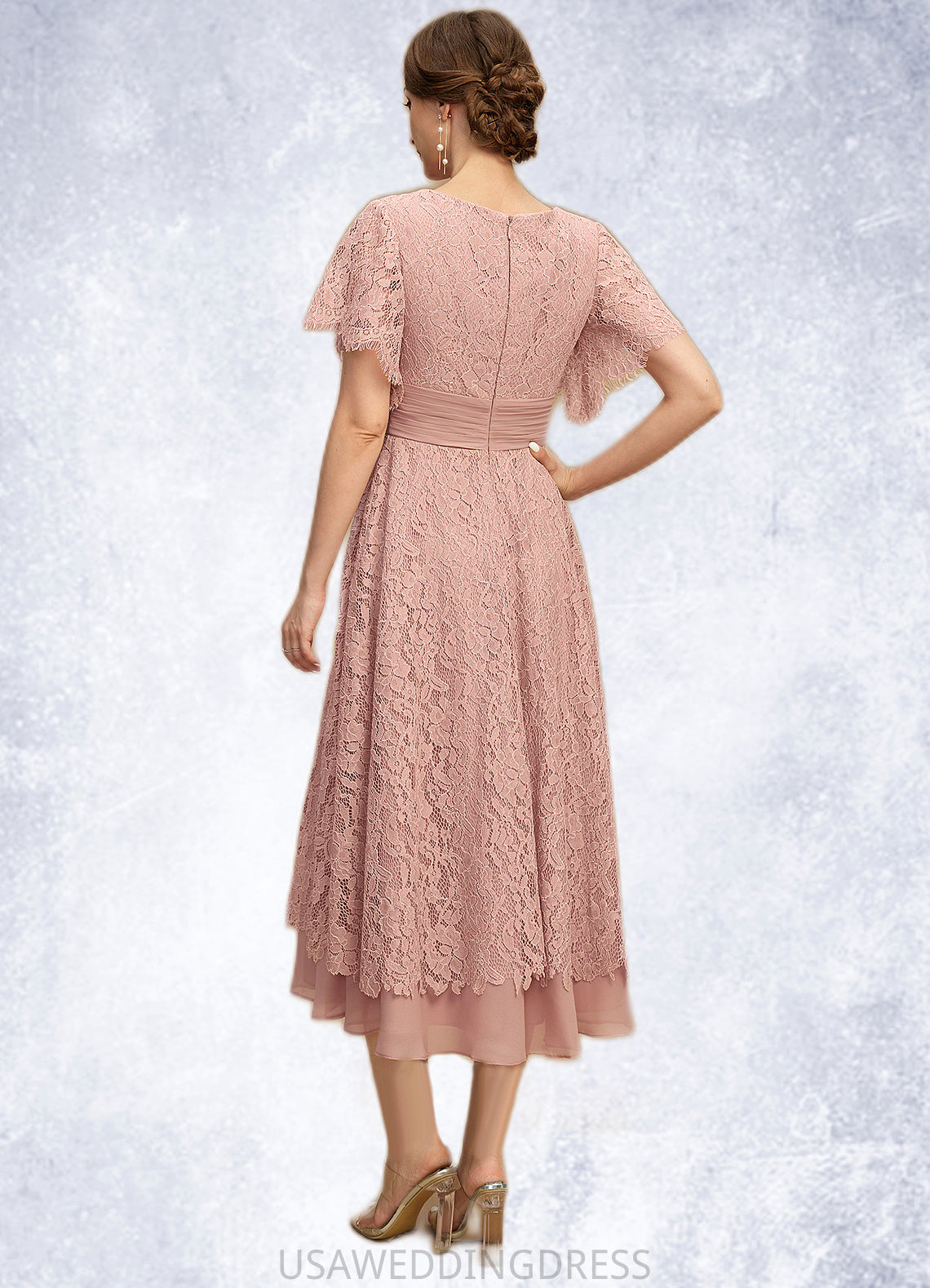 Hazel A-line V-Neck Tea-Length Chiffon Lace Mother of the Bride Dress With Pleated DS126P0021927