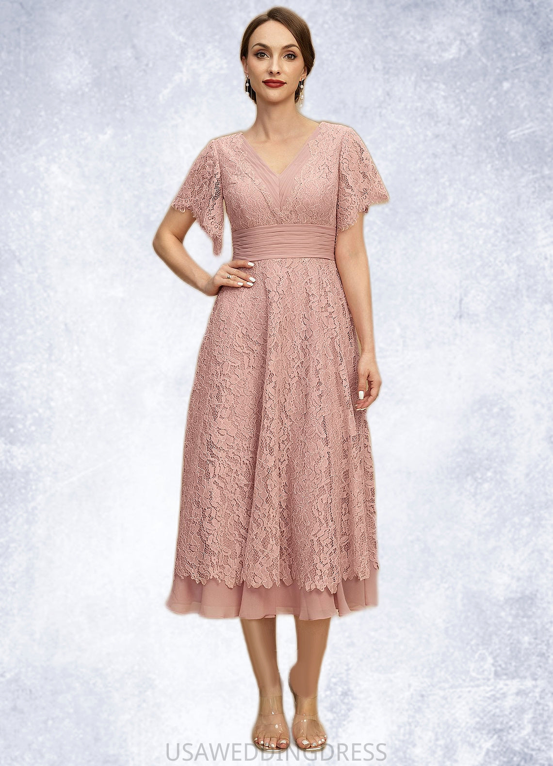 Hazel A-line V-Neck Tea-Length Chiffon Lace Mother of the Bride Dress With Pleated DS126P0021927