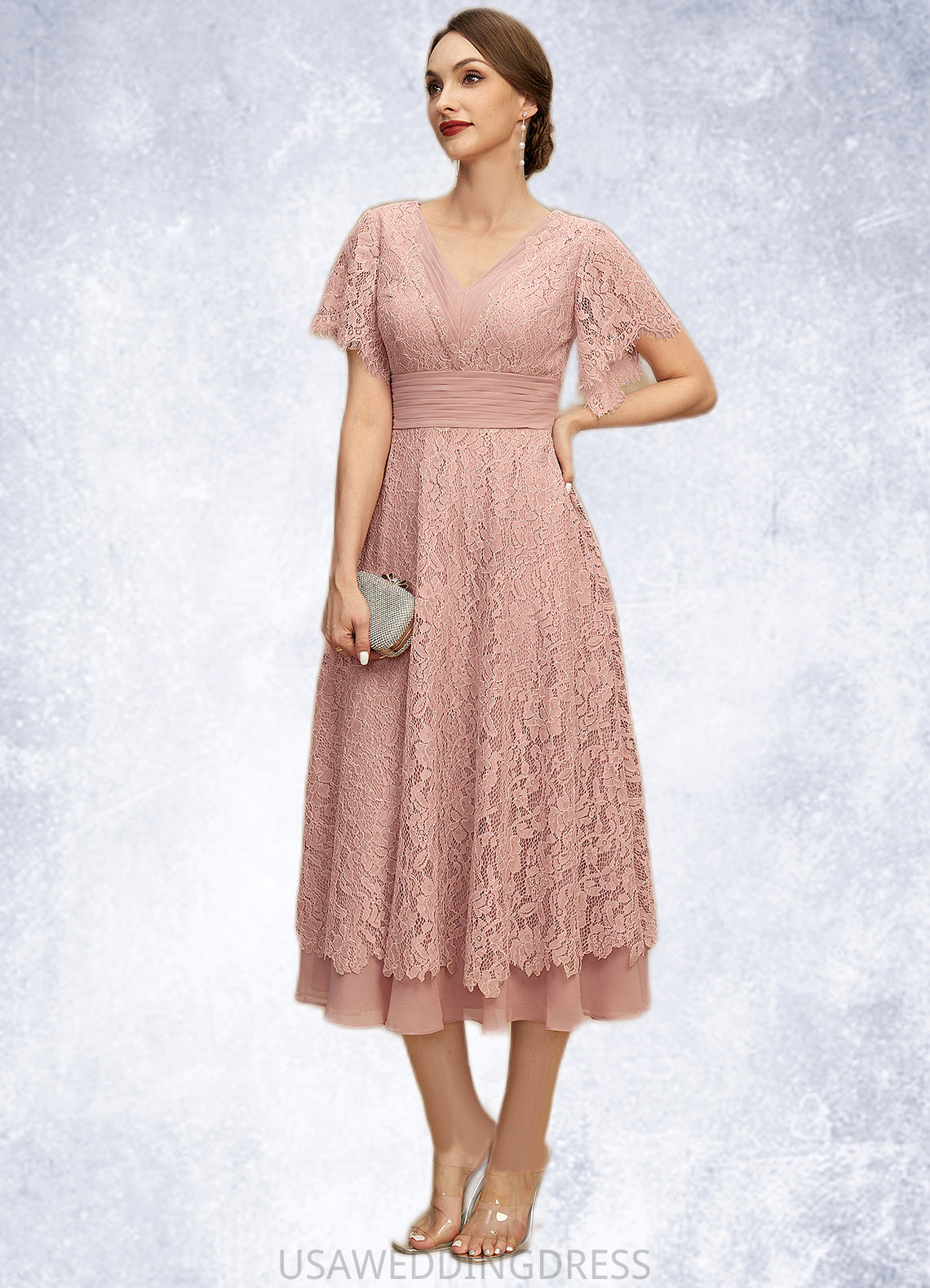 Hazel A-line V-Neck Tea-Length Chiffon Lace Mother of the Bride Dress With Pleated DS126P0021927
