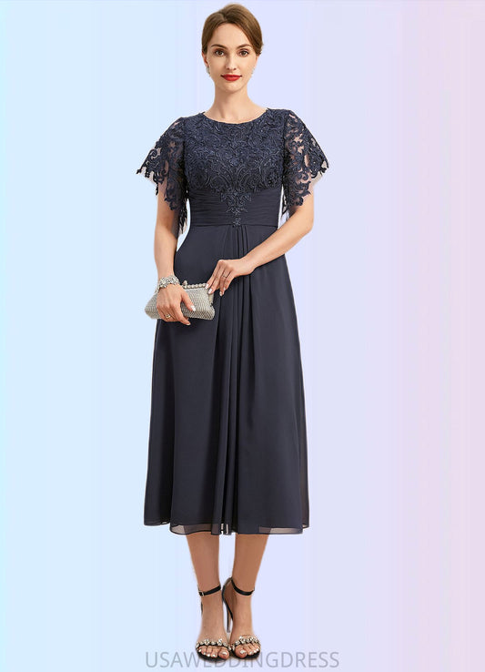 Zoie A-line Scoop Tea-Length Chiffon Lace Mother of the Bride Dress With Pleated DS126P0021928