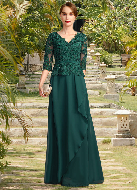 Ainsley A-line V-Neck Floor-Length Chiffon Lace Mother of the Bride Dress With Cascading Ruffles Sequins DS126P0021934