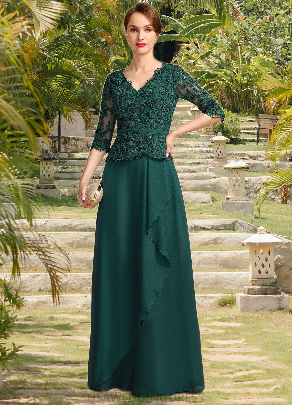 Ainsley A-line V-Neck Floor-Length Chiffon Lace Mother of the Bride Dress With Cascading Ruffles Sequins DS126P0021934