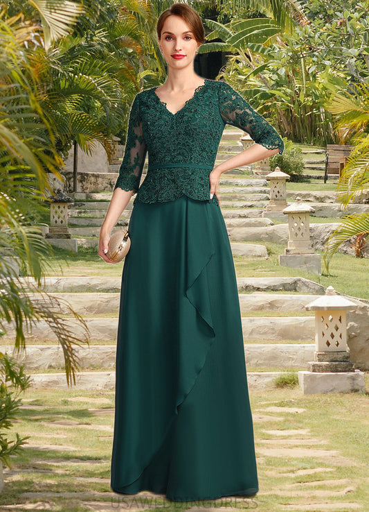 Ainsley A-line V-Neck Floor-Length Chiffon Lace Mother of the Bride Dress With Cascading Ruffles Sequins DS126P0021934